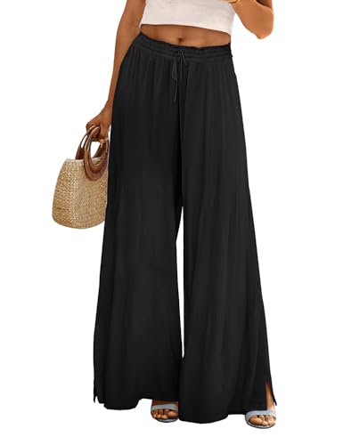 Women Summer Boho Palazzo Pants High Waist Wide Leg Floral Casual Cotton Lounge Trousers with Pockets PP0