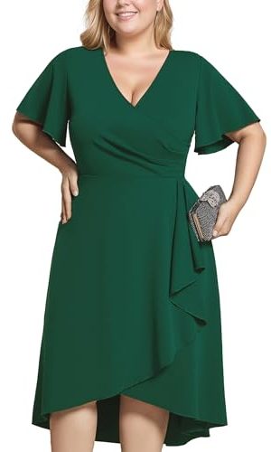 Women's V Neck Pleated Ruffles Sleeves High Low Plus Size Cocktail Dresses 02327-DA