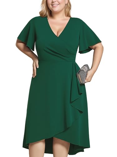 Women's V Neck Pleated Ruffles Sleeves High Low Plus Size Cocktail Dresses 02327-DA