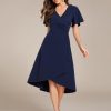 Women's V-Neck Pleated Short Ruffles Sleeves Hi-Lo Midi A Line Cocktail Dresses 02327