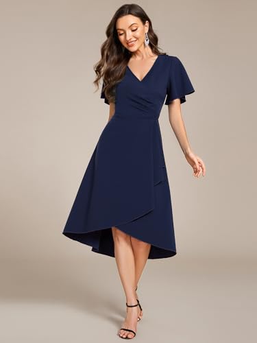 Women's V-Neck Pleated Short Ruffles Sleeves Hi-Lo Midi A Line Cocktail Dresses 02327