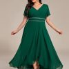 Women's V-Neck Chiffon Beading Short Ruffles Sleeves Maxi Plus Size Formal Evening Dresses