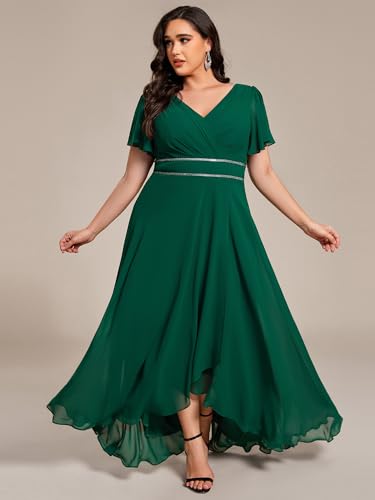 Women's V-Neck Chiffon Beading Short Ruffles Sleeves Maxi Plus Size Formal Evening Dresses