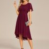 Women's Chiffon Crew Neck Pleated Waist Short Sleeve Wedding Guest Dress 02053