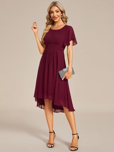Women's Chiffon Crew Neck Pleated Waist Short Sleeve Wedding Guest Dress 02053