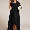 Women's Round Neck Short Sleeves Pleated A Line Chiffon Plus Size High Low Bridesmaid Dresses 02213-DA