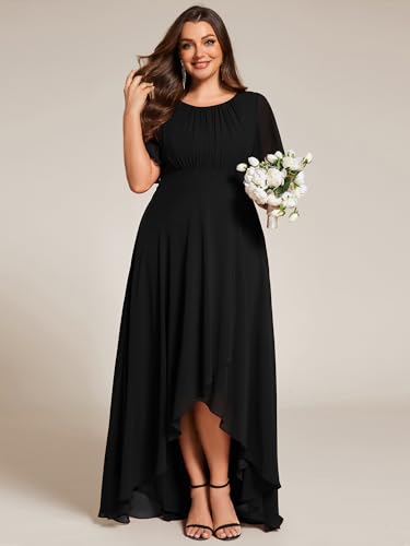 Women's Round Neck Short Sleeves Pleated A Line Chiffon Plus Size High Low Bridesmaid Dresses 02213-DA