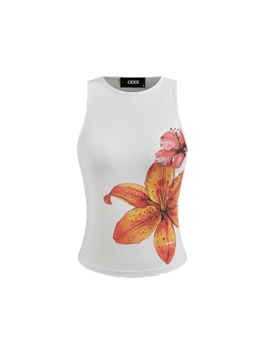Tank Top for Women Trendy Crew Neck Sleeveless Floral Graphic Cotton Blend Knit Regular Fit