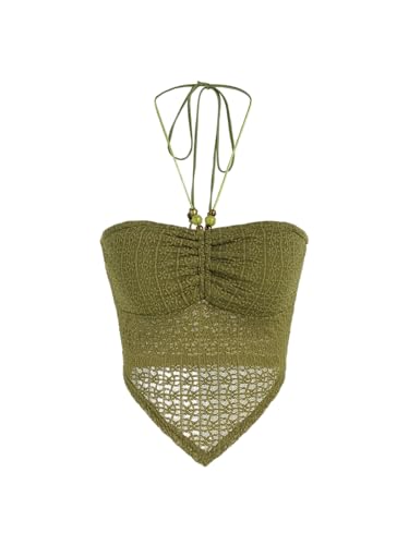 Halter Tops for Women Crochet Boho Backless Ruched Tie Back Vacation Beach Tank Crop Tops