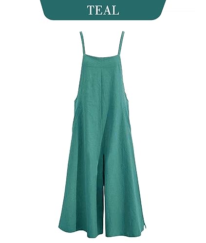 Women Casual Loose Long Bib Pants Wide Leg Jumpsuits Baggy Cotton Rompers Overalls with Pockets 3XL PZZTYP2 Teal