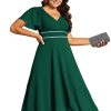 Women's V-Neck Chiffon Beading Short Ruffles Sleeves Maxi Plus Size Formal Evening Dresses