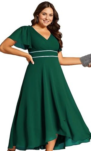 Women's V-Neck Chiffon Beading Short Ruffles Sleeves Maxi Plus Size Formal Evening Dresses
