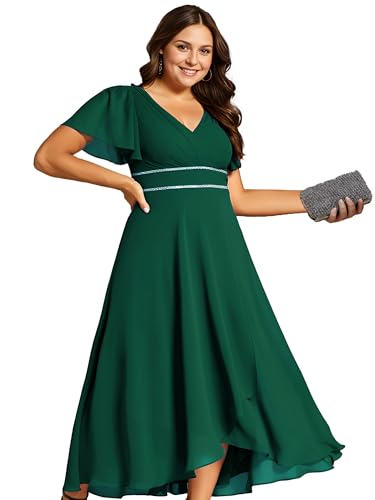 Women's V-Neck Chiffon Beading Short Ruffles Sleeves Maxi Plus Size Formal Evening Dresses