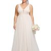Women's V Neck Sleeveless A Line Pleated Tulle Floor Length Bridal Dresses