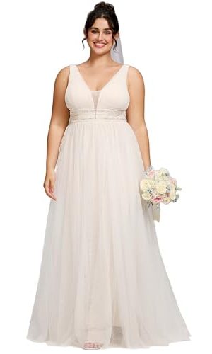 Women's V Neck Sleeveless A Line Pleated Tulle Floor Length Bridal Dresses