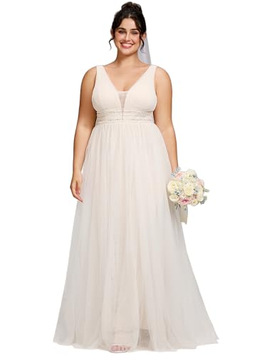 Women's V Neck Sleeveless A Line Pleated Tulle Floor Length Bridal Dresses