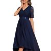 Women's V Neck Lace Chiffon Half Sleeves A Line Hi-Lo Wedding Guest Dresses 04489