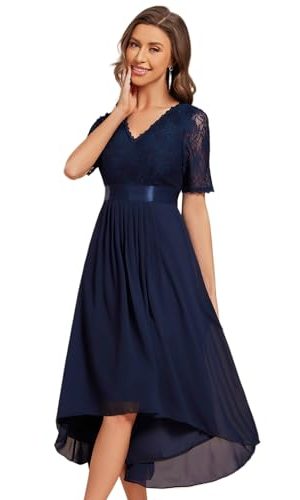 Women's V Neck Lace Chiffon Half Sleeves A Line Hi-Lo Wedding Guest Dresses 04489