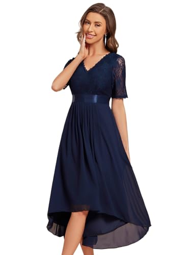 Women's V Neck Lace Chiffon Half Sleeves A Line Hi-Lo Wedding Guest Dresses 04489