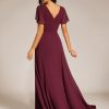 Women's Chiffon Formal Dress A-Line V Neck Ruffle Sleeves Floor Length Evening Gown 11981