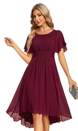 Women's Chiffon Crew Neck Pleated Waist Short Sleeve Wedding Guest Dress 02053