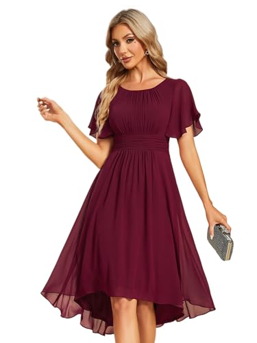 Women's Chiffon Crew Neck Pleated Waist Short Sleeve Wedding Guest Dress 02053