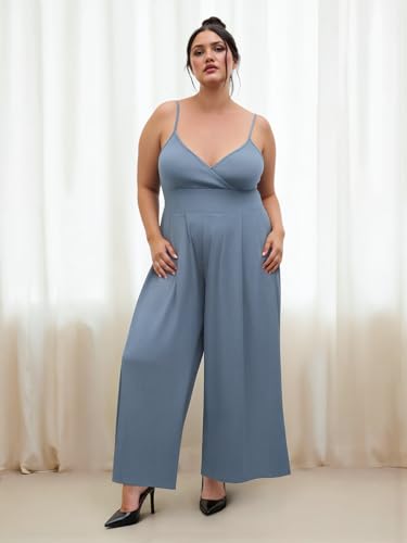 Plus Size Jumpsuits For Curvy Women V Neck Sleeveless Spaghettis Strap Wide Leg Overalls Casual Summer Outfits