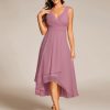 Women's V Neck Sleeveless Empire Waist Semi Formal Dress Pleated Chiffon Wedding Guest Dresses 61926