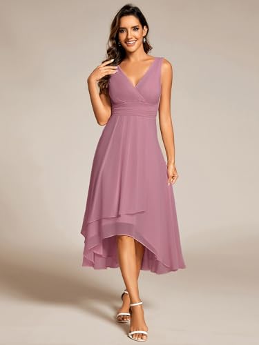 Women's V Neck Sleeveless Empire Waist Semi Formal Dress Pleated Chiffon Wedding Guest Dresses 61926