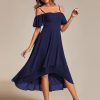 Women's Summer Cold Shoulder Hi-Lo Asymmetrical Hem Flowy Chiffon Short Wedding Guest Dress 02103