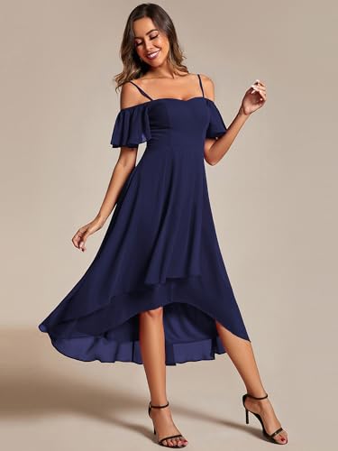 Women's Summer Cold Shoulder Hi-Lo Asymmetrical Hem Flowy Chiffon Short Wedding Guest Dress 02103