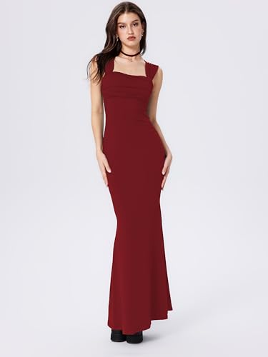 Solid Ruched U-Neckline Ruffle Maxi Dress