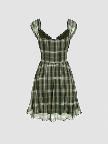 Women's Gingham Mini Dress Summer Sundress Casual V Neck Flowy Cute Teen Short Seelve Ruffle Dress