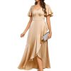 Women's V Neck Satin Short Sleeves Ruffle Hi-Lo Midi Bridesmaid Dress 02336