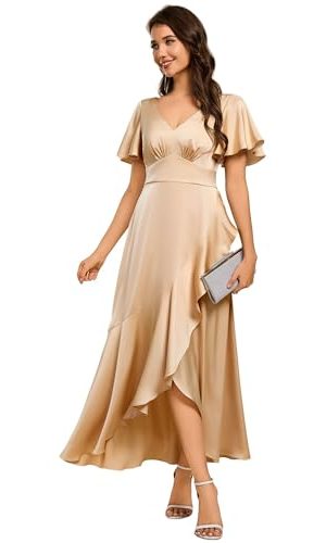 Women's V Neck Satin Short Sleeves Ruffle Hi-Lo Midi Bridesmaid Dress 02336