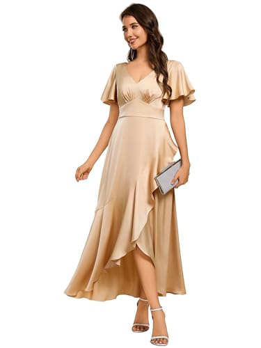 Women's V Neck Satin Short Sleeves Ruffle Hi-Lo Midi Bridesmaid Dress 02336