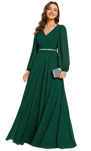 Women's Formal Dresses Long Sleeve V Neck Empire Waist A Line Beading Floor Length Wedding Guest Dress 01981