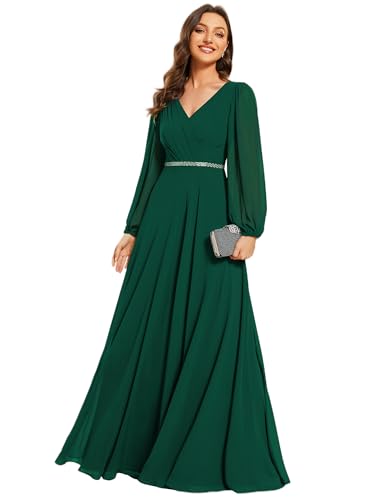 Women's Formal Dresses Long Sleeve V Neck Empire Waist A Line Beading Floor Length Wedding Guest Dress 01981
