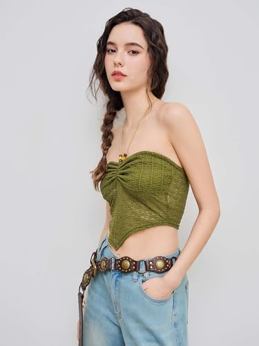 Halter Tops for Women Crochet Boho Backless Ruched Tie Back Vacation Beach Tank Crop Tops