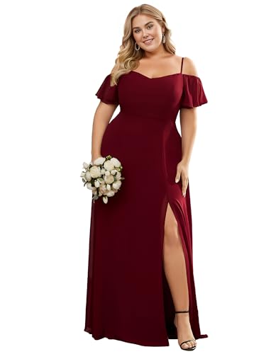 Women's Off Shoulder Ruffles Sleeves Side Slit Chiffon Plus Size Bridesmaid Dresses 00237-DA