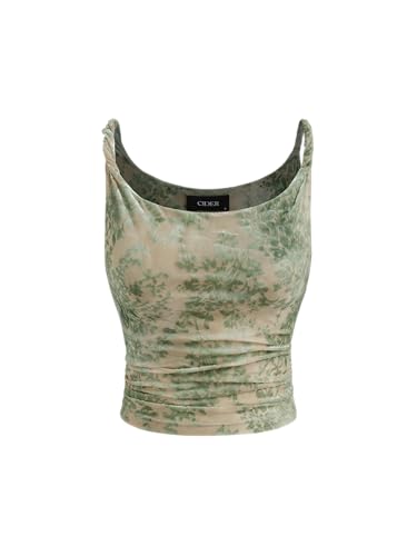 Women's Mesh U Neck Floral Ruched Crop Cami Top