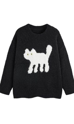 Women’s Cat Sweater Long Sleeve Crew Neck Fun Graphic Cute Patterned Pullover Sweater Tops