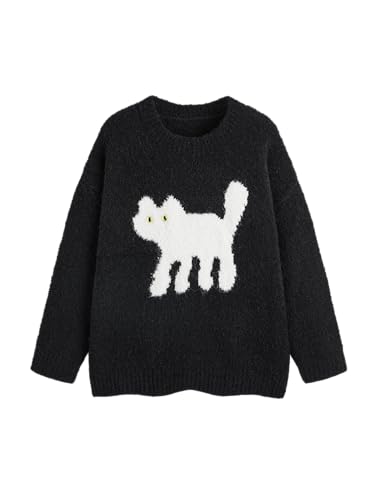 Women’s Cat Sweater Long Sleeve Crew Neck Fun Graphic Cute Patterned Pullover Sweater Tops