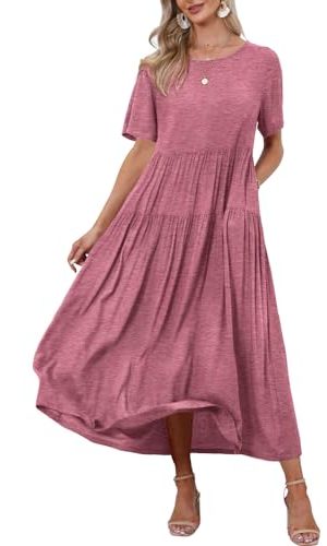 Women Casual Loose Bohemian Dress with Pockets Short Sleeve Long Maxi Summer Beach Swing Dresses