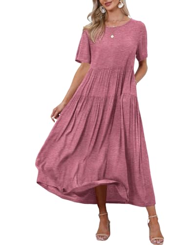 Women Casual Loose Bohemian Dress with Pockets Short Sleeve Long Maxi Summer Beach Swing Dresses