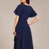 Women's V-Neck Pleated Short Ruffles Sleeves Hi-Lo Midi A Line Cocktail Dresses 02327