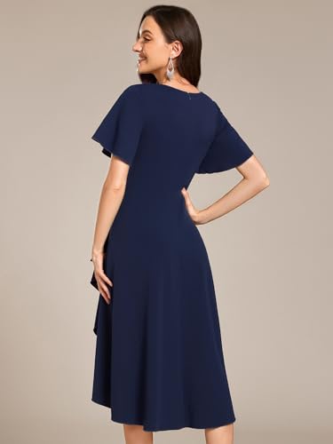 Women's V-Neck Pleated Short Ruffles Sleeves Hi-Lo Midi A Line Cocktail Dresses 02327