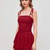 Women's Summer Mini Cocktail Dress Strap Ruched Square Neck Layered Sleeveless A Line Short Dress Trendy