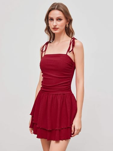 Women's Summer Mini Cocktail Dress Strap Ruched Square Neck Layered Sleeveless A Line Short Dress Trendy