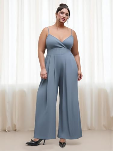Plus Size Jumpsuits For Curvy Women V Neck Sleeveless Spaghettis Strap Wide Leg Overalls Casual Summer Outfits
